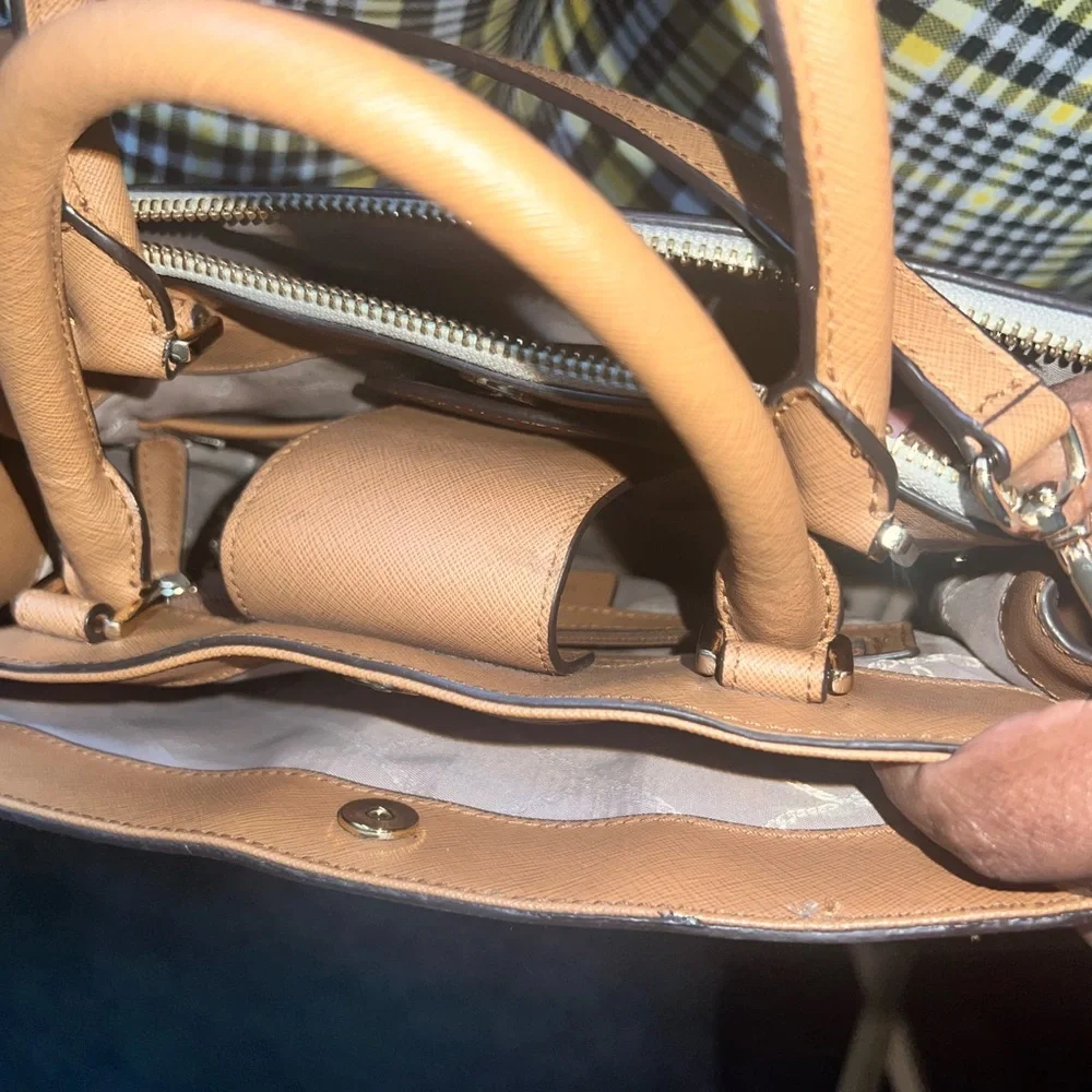 Michael Kors Cream and Tan MK Monogram Satchel